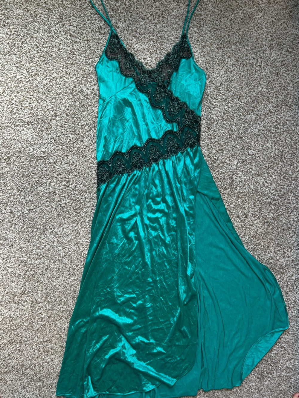 Emerald Lace Trim Satin Slip Dress